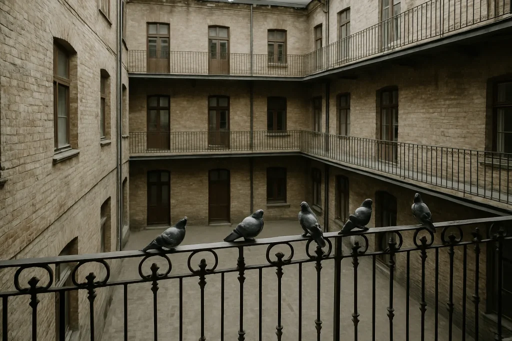 Cour intérieure d'immeuble avec pigeons perchés, lumière du jour, murs en brique