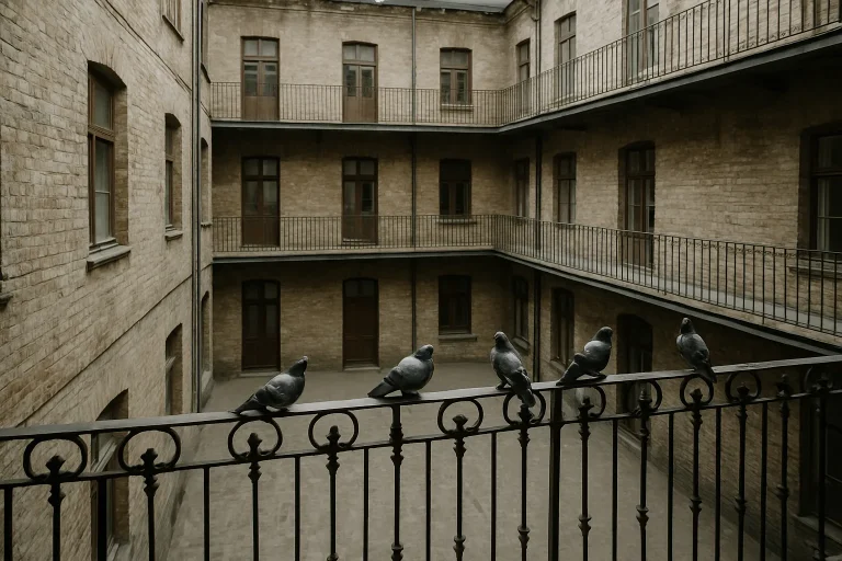 Cour intérieure d'immeuble avec pigeons perchés, lumière du jour, murs en brique