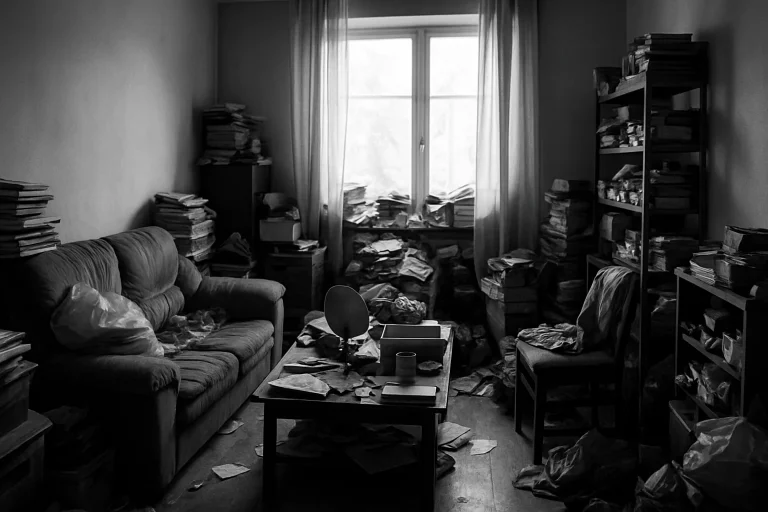 Appartement encombré en noir et blanc, avec lumière filtrée et objets empilés.