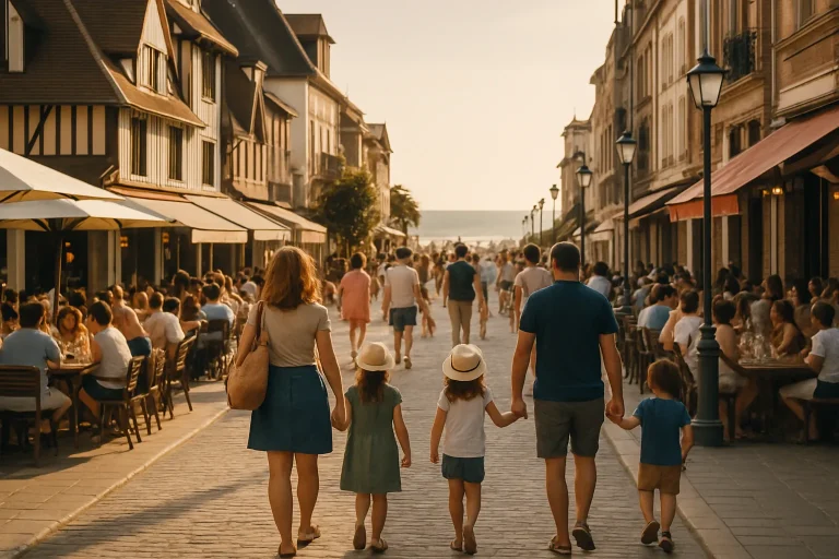 Rue animée sur la Côte Fleurie pendant les vacances scolaires, avec des familles et terrasses de cafés.
