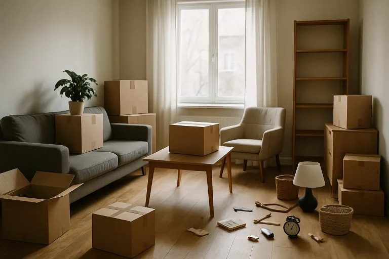 Salon avec cartons et meubles en désordre, prêt pour un débarras avant visite immobilière.