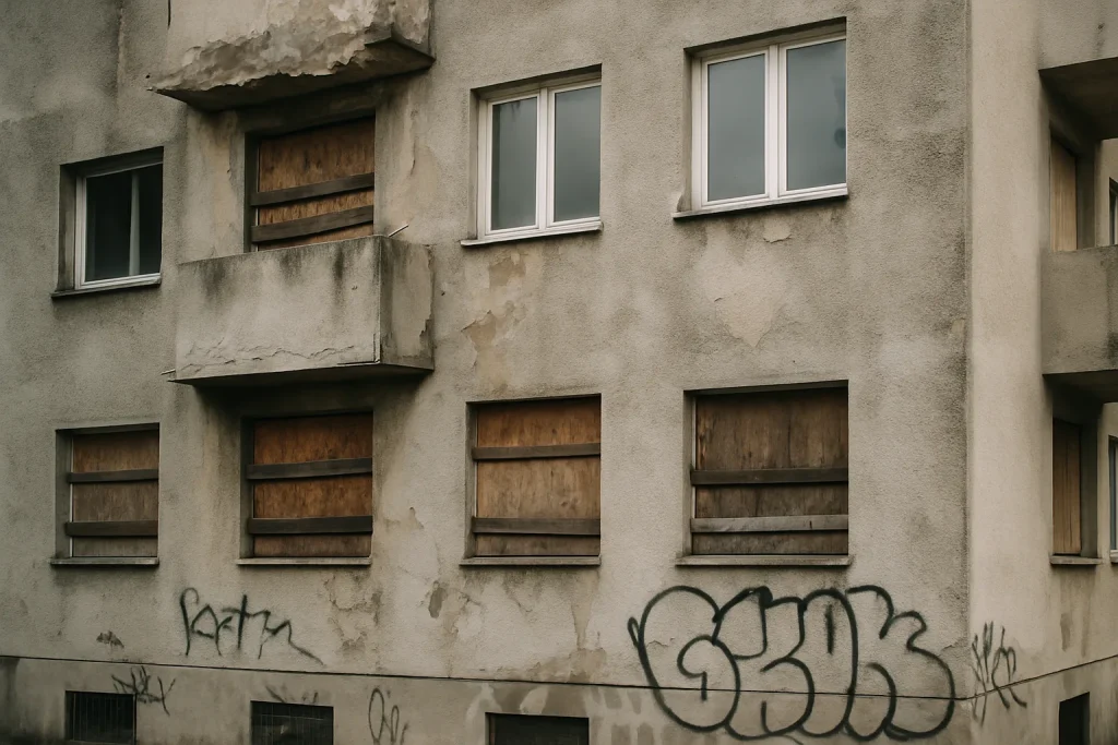 Bâtiment résidentiel avec graffiti, fenêtres barricadées, lumière du jour