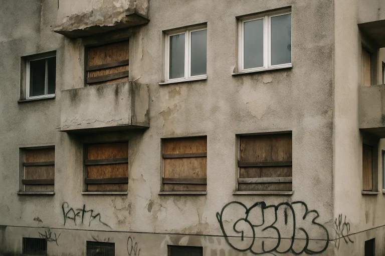 Bâtiment résidentiel avec graffiti, fenêtres barricadées, lumière du jour