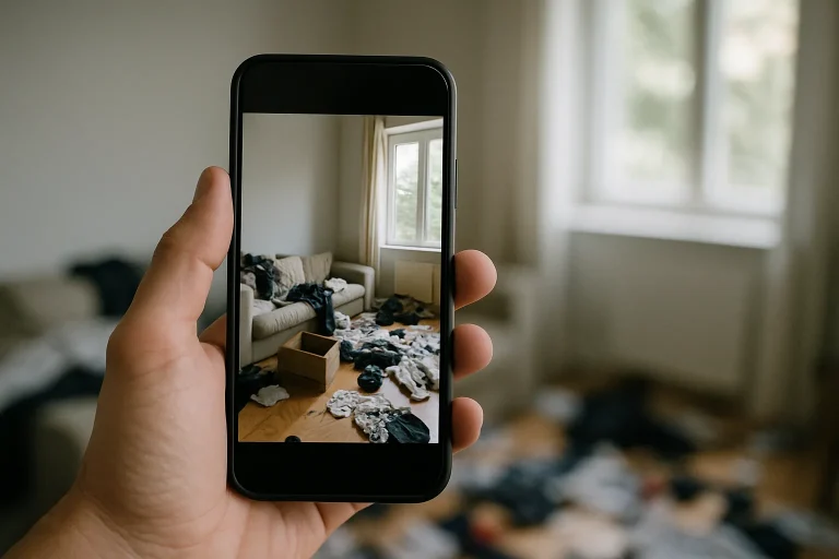 Main tenant un smartphone montrant une photo d'une pièce en désordre, avec lumière naturelle.
