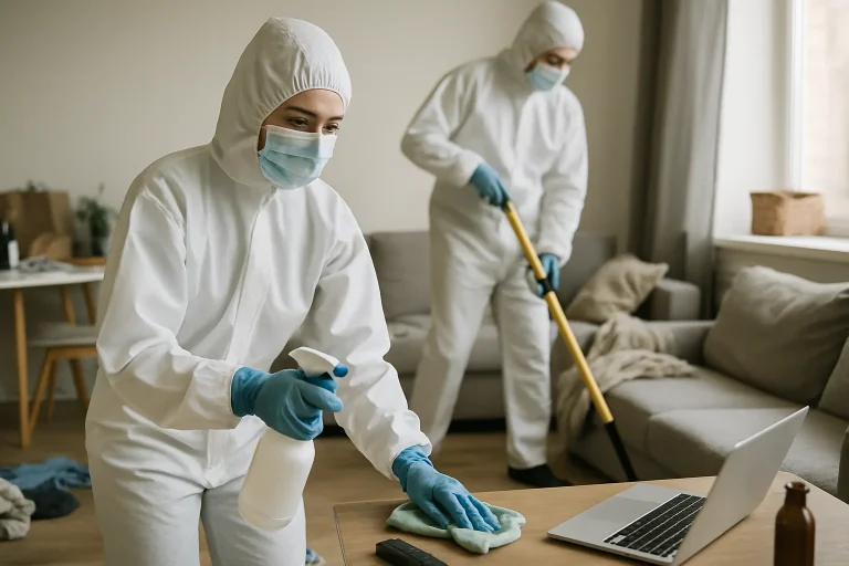 Deux personnes en combinaison nettoient un appartement squatté avec des outils et désinfectant.