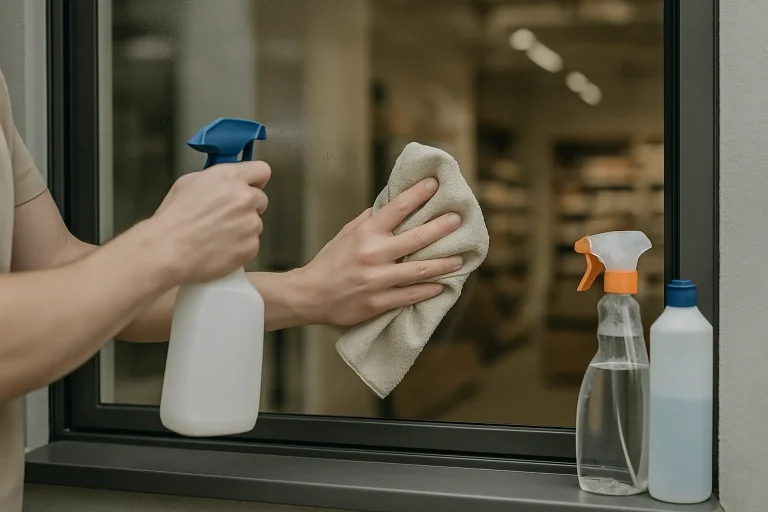 Mains nettoyant une vitrine de magasin, produits de nettoyage visibles, intérieur flou.
