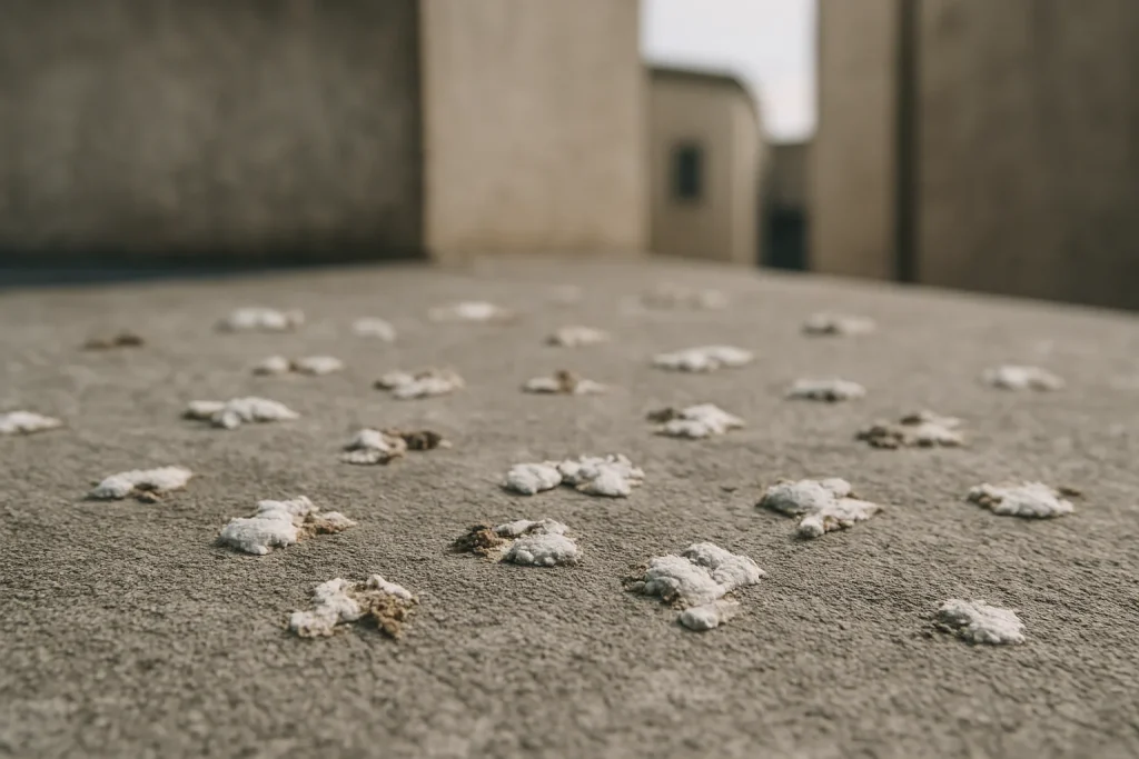 Gros plan sur des fientes de pigeon sur une surface en béton avec arrière-plan flou.