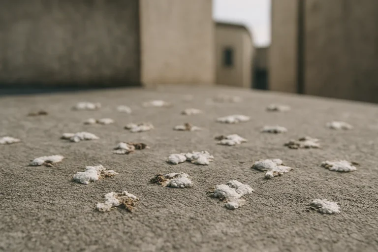 Gros plan sur des fientes de pigeon sur une surface en béton avec arrière-plan flou.