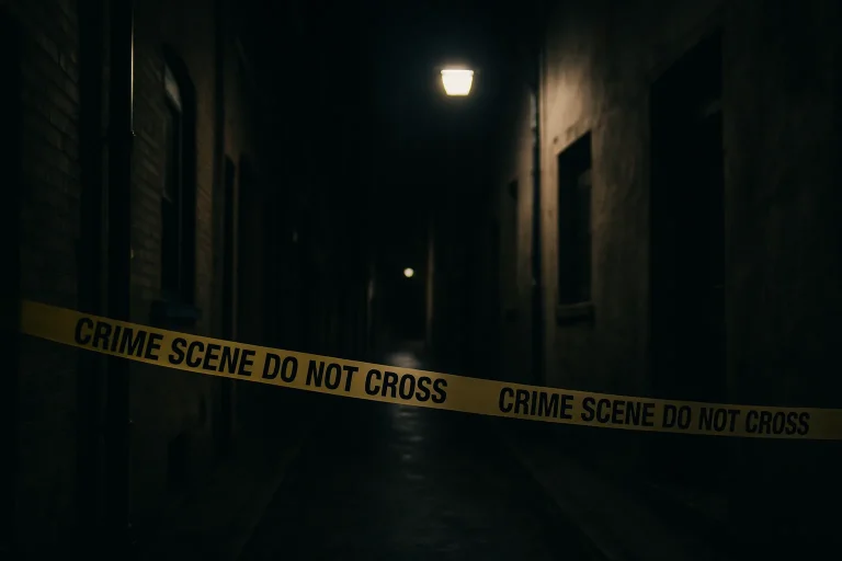 Ruelle sombre éclairée par un réverbère, avec ruban de scène de crime.