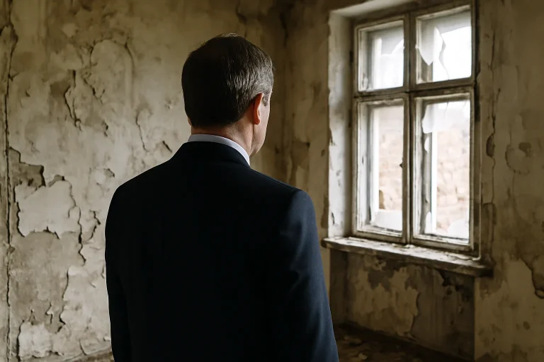 Silhouette d'un expert judiciaire observant un logement insalubre.