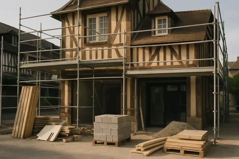 Commerce à Deauville en rénovation avec échafaudages et matériaux
