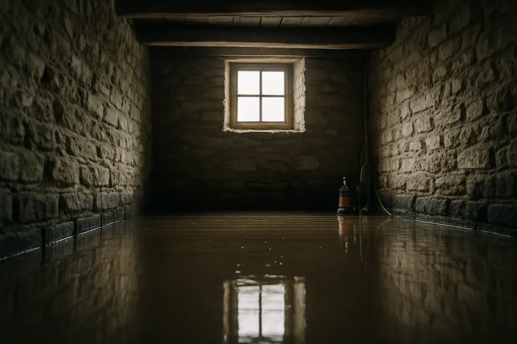Cave inondée avec eau stagnante et lumière douce, outils de pompage visibles.