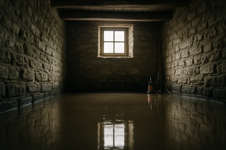 Cave inondée avec eau stagnante et lumière douce, outils de pompage visibles.