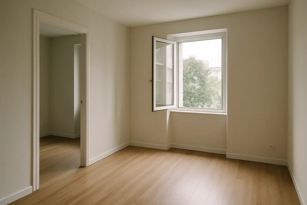 Appartement vide avec murs clairs et sol en bois après l'expulsion d'un locataire