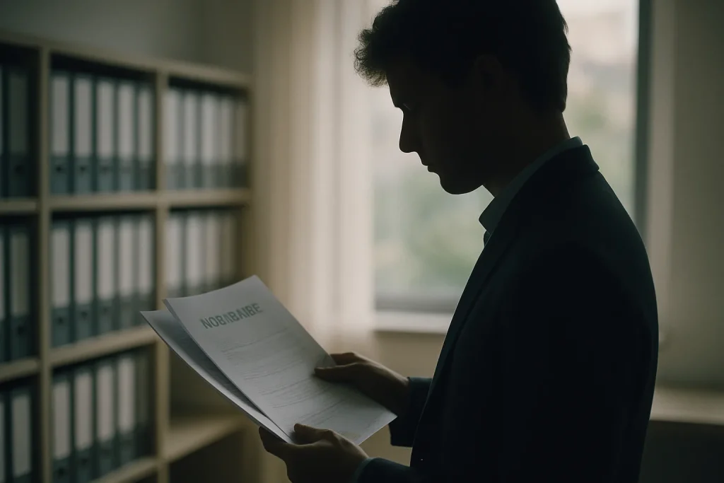 Silhouette floue d'un héritier consultant des documents d'assurance dans un bureau.