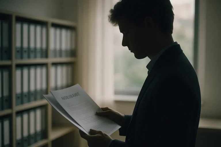 Silhouette floue d'un héritier consultant des documents d'assurance dans un bureau.