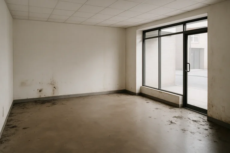 Local commercial vide avec traces de dégâts de rats sur le sol et les murs