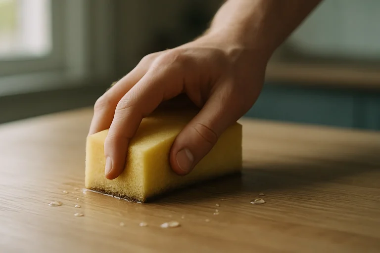 Main avec éponge humide nettoyant une surface en bois, lumière naturelle
