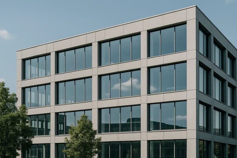 Un bâtiment de bureaux moderne avec des fenêtres réfléchissantes sous un ciel dégagé