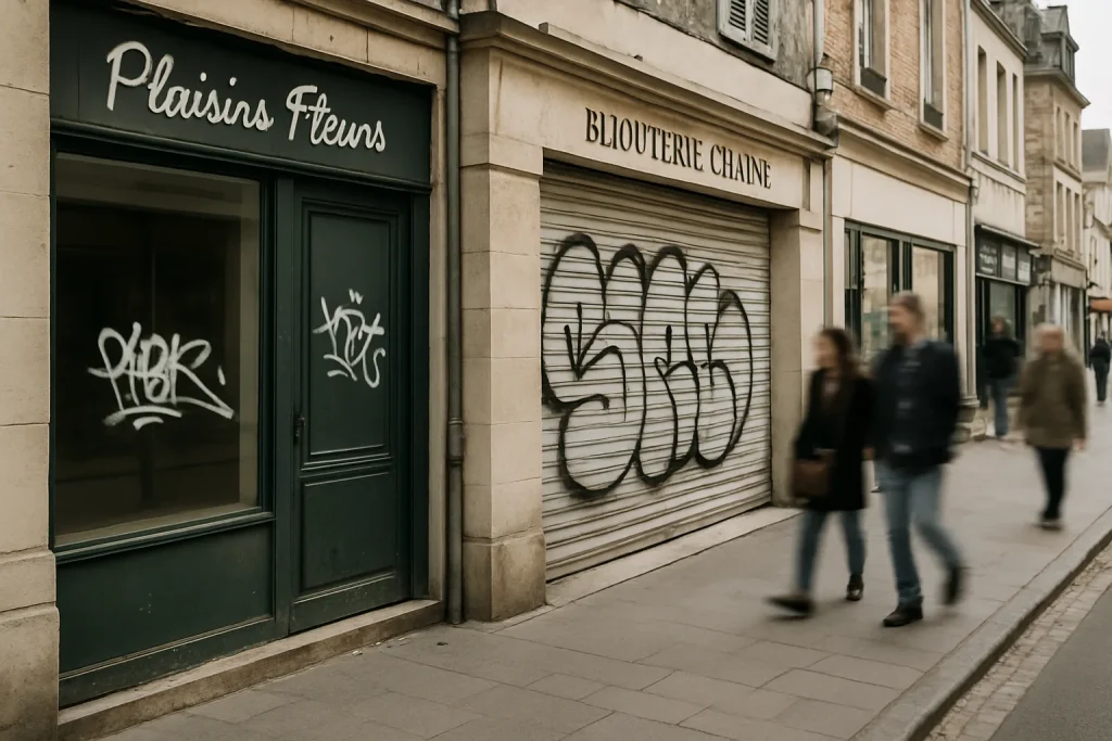 Rue de Lisieux avec devantures de magasins vandalisées et passants flous