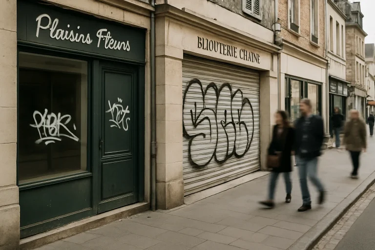 Rue de Lisieux avec devantures de magasins vandalisées et passants flous